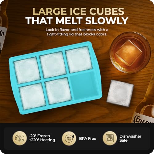 Image of Large Ice Cube Trays for Whiskey, Silicone Ice Cube Tray, with Reinforced Steel Ring Top, Makes 12 perfect 2-in ice cubes, Square Ice Tray for Cocktails, Whiskey, Coffee. (2 Pack)