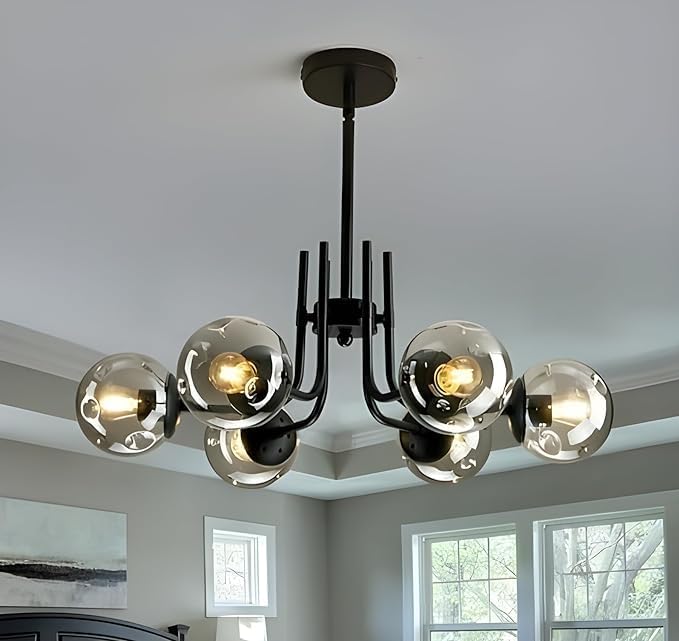 Shri Shyam (with Bulb) 6-Lights Chandelier Hanging Pendant Ceiling Light Lamp Modern Style Black Chandelier with Smokey Glass for- Kitchen, Hall, Lobby, Restaurant, Bar, Living Room, Bedroom, Hotel-image-30
