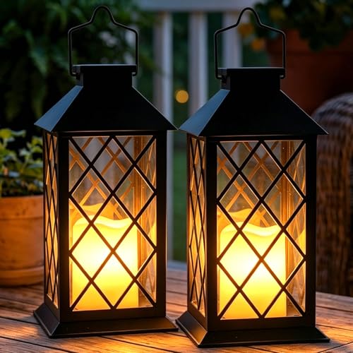 Image of 2 Pack 14 inch Large Tempered Glass Solar Lanterns Outdoor Waterproof | Black retro solar lantern with flickering flameless candles, ideal decoration for wall, porch, patio, table and garden.