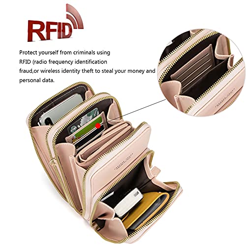 Image of myfriday Touch Screen RFID Phone Crossbody Purse with 2 Straps for Women | Clear phone window, RFID card space, 11 slots and zip pockets support quick calls, errands, theme parks and travel