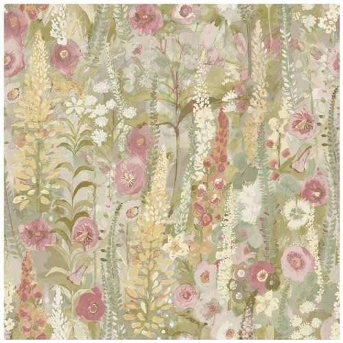 Full Roll Lupin Sage Green Pink Wallpaper Multicoloured Floral Watercolour - Washable Peelable 10.05m x 53cm Roll - Contemporary Versatile - Feature Statement Wall - Bedroom Dining Room Living Room