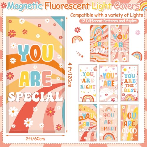 Image of Glooglitter 8 Pcs Fluorescent Light Covers 4 x 2 ft Magnetic Ceiling Light Cover Groovy Retro Motivational Lamp Filters for Classroom School Office Home Drop Decorative (Groovy Style)