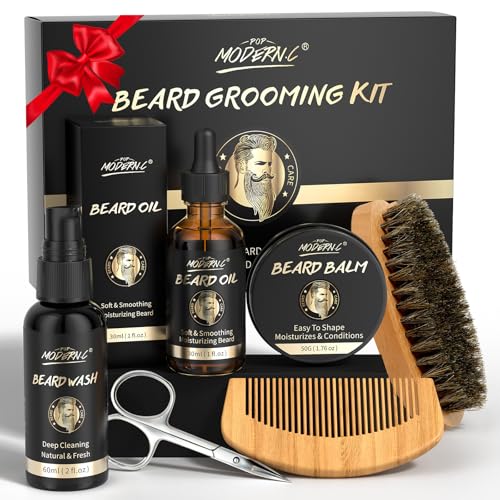 POP MODERN.C Beard Growth Kit Beard Grooming Kit 6pcs Beard Wash Shampoo Beard Oil Beard Balm Beard Comb Brush Scissors