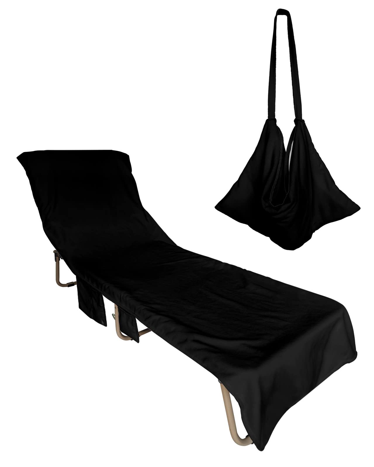 Black Beach Chair Cover with Pockets, Microfiber Quick Dry Chaise Lounge Cover, Solid Color Modern Minimalist Art Pool Lounge Chair Covers Towel for Sunbathing Patio Garden