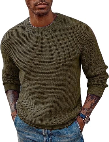 Image of ColorChakra Waffle Knit Mens Sweater Woolen Round Neck Wool Pullover