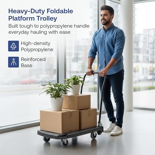 Image of Bonkaso 150 Kg Capacity Foldable Platform Trolley | Portable Polypropylene Cart with 3-Inch Wheels | Compact Storage, Ideal for Office, Warehouse & Home Use (59x39x77 cm) Black