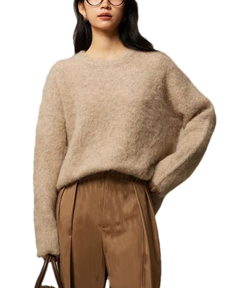 Spring Winter Loose Casaul Solid Long Sleeve Wool Sweater Fpr Women Thicken Round Neck Knitted Pullovers