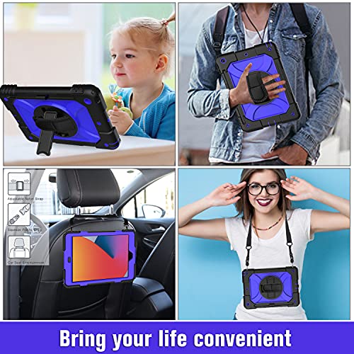 Ledniceker Ipad 9Th/8Th/7Th Generation Case, Ipad 10.2 Case, Three Layer Protective Kids Case With [360 Rotating Stand] [Hand Strap] [Pencil Holder] For Ipad 10.2 9Th Gen 2021/2020/2019- (Blue+Black) #TOP6