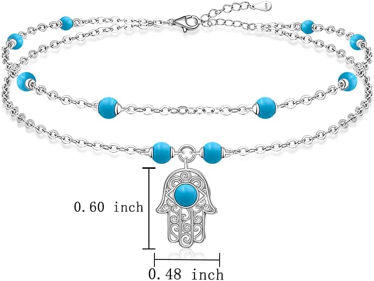 Anklets for Women S925 Sterling Silver Hand of Fatima Charm Dainty Evil Eye Hamsa Hand Anklet Adjustable Layered Bracelet Turquoise Jewelry Mothers Day Gifts for Mom - Image 2