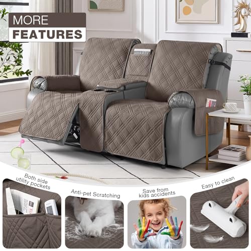 Image of TAOCOCO Polyester Loveseat Recliner Cover with Center Console, Waterproof Pet Protector for Dual Reclining Furniture, Split Design with Straps, 2 Seater, Taupe