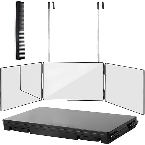 360° Viewing Mirror for Hair Cutting and Styling, Adjustable Height Mirror for Grooming, Makeup and Shaving, Clear HD Glass, Portable for Bathroom or Travel (Black)