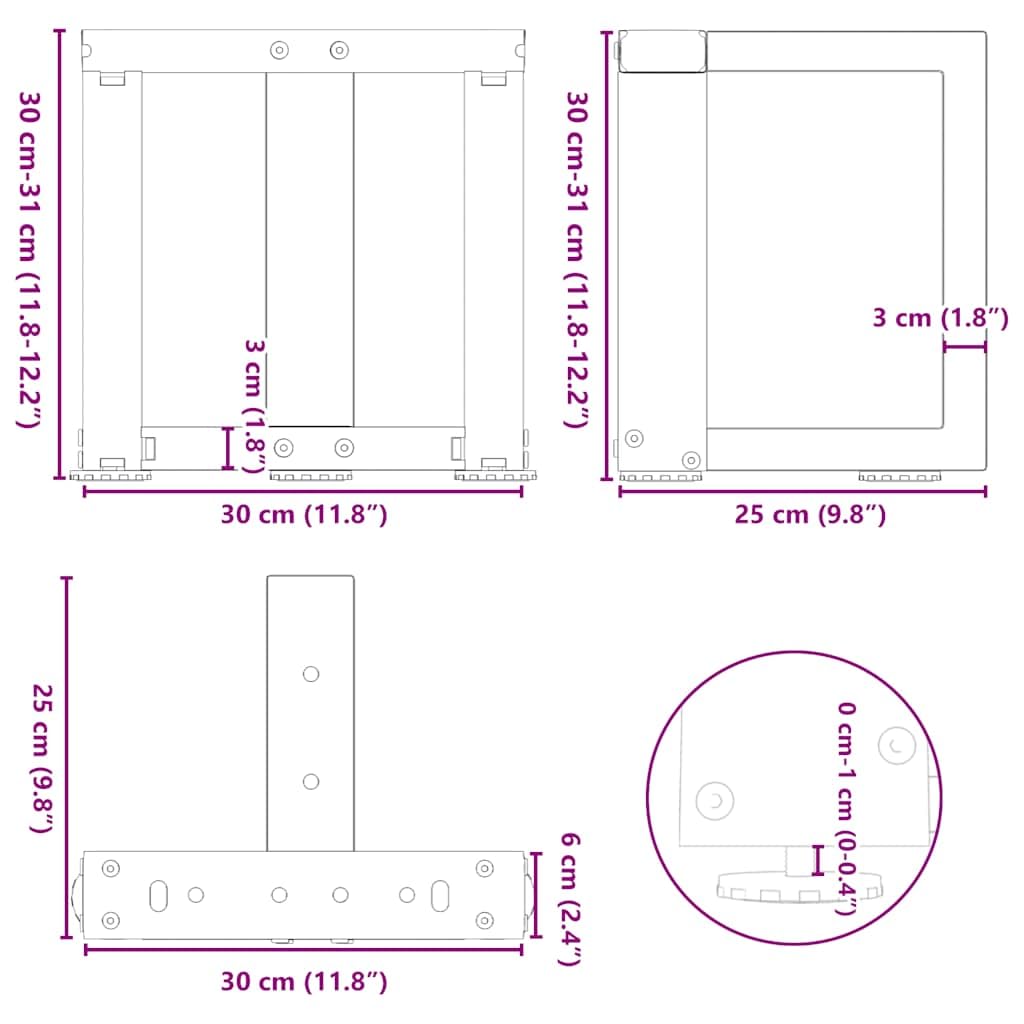 Nogi stolika kawowego w kształcie litery T ze stali malowanej proszkowo, czarne, 30 x 25 x (30-31) cm, 2 sztuki z regulowanymi nóżkami poziomującymi, stabilna podstawa meblowa, łatwy montaż
