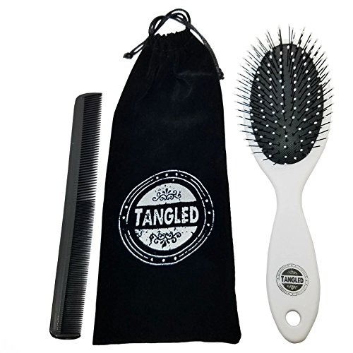 TANGLED - Detangling Hair Brush (White) with MICROFIBER BAG and COMB