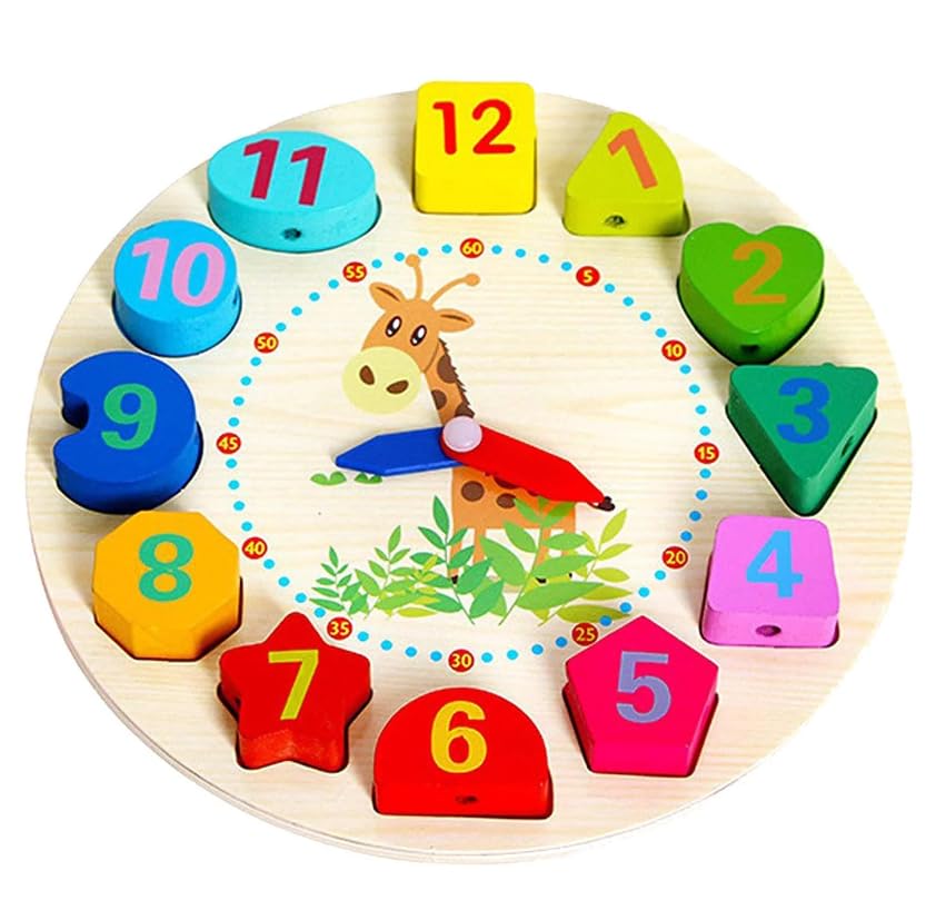 Montessori Wooden Learning Clock with Bead Lace, Educational Digital Analog Numbers, Shape & Color Learning Montessori Toy for Kids (Pack of 1, Multicolor)