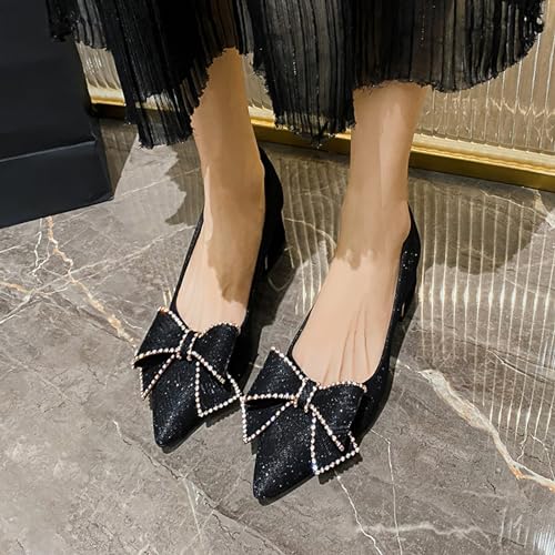 KCTRFSJ Women's Rhinestones Bowknot Chunky Heel Pumps Shoes,Fashion Closed Pointed Toe Low Block Heels,Comfortable Non-Slip Slip-on Dress Wedding Shoes4