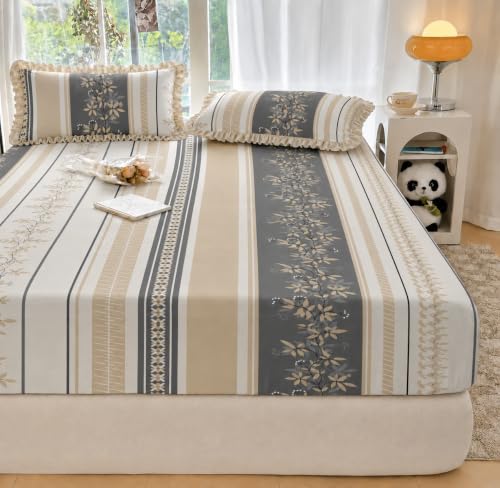 Image of VOMZER King Size (72x78) 300 TC Soft Cotton Feel Microfiber All Around Elastic Fitted Double Bedsheet with 2 Frill Pillow Covers | Grey Vine
