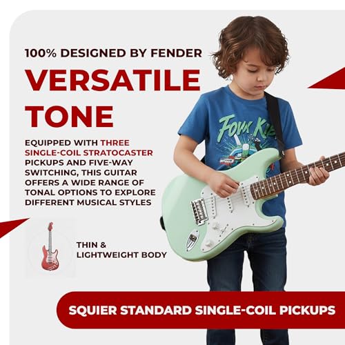 Image of Fender Squier 3 /4-Size Kids Mini Strat Electric Guitar - Surf Green Bundle with Amplifier, Cable, Tuner, Strap, Picks, Online Lessons, and Austin Bazaar Instructional DVD