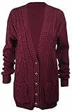 New Womens Everyday Long Sleeve Button Top Ladies Chunky Aran Cable Knit Grandad Cardigan Burgundy Maroon Size 16
