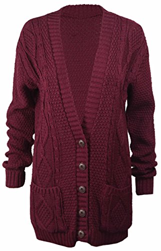 New Womens Everyday Long Sleeve Button Top Ladies Chunky Aran Cable Knit Grandad Cardigan Burgundy Maroon Size 16