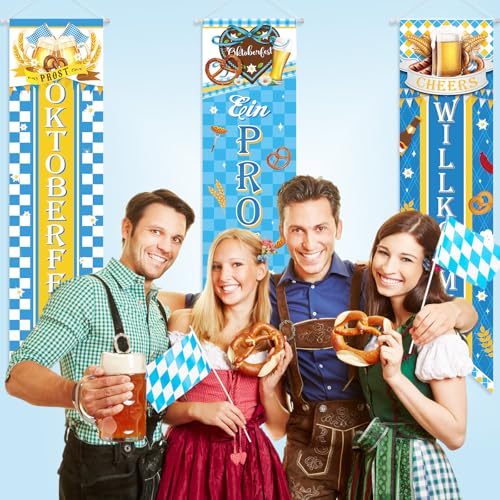 Image of Chiisong 3 Pieces Oktoberfest Party Decorations Bavarian Banners Oktoberfest Prosit Welcome Porch Signs Festival Hanging Backdrops for Home Bar German Party Indoor Outdoor Wall Door Decor