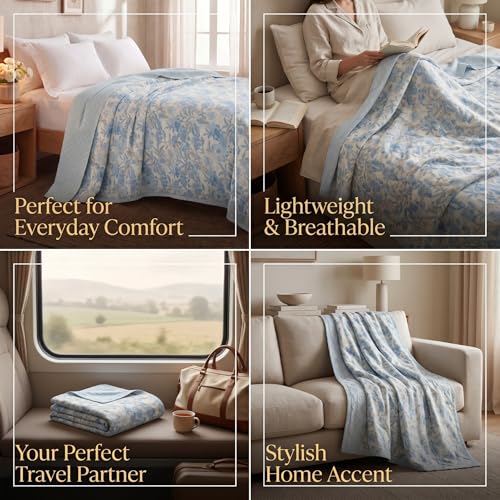 Image of BSB HOME Cotton Dohar for Double Bed, Lightweight AC Dohar Blanket, Soft Breathable Fabric, All-Season Comfort, Easy Care - 85 x 88 Inches (216 x 224 cm) (Powder Blue Bloom)