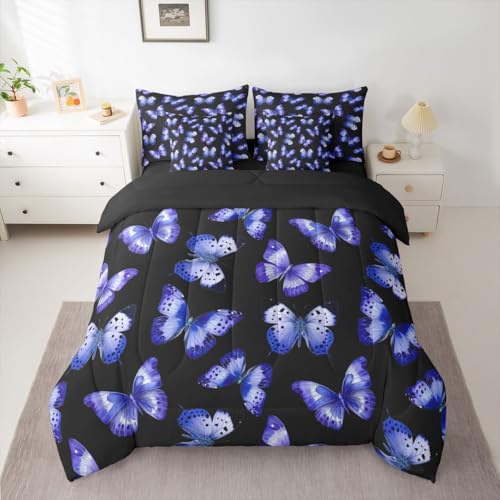 Image of Purple Butterfly 7 Pieces Bedding Set Twin Size,Flying Butterflies Bed in a Bag,Watercolor Oil Painting Bed Set Includes Comforter,Sheet Set,Pillowcases & Pillow Covers,Modern Aesthetic Bedroom Decor