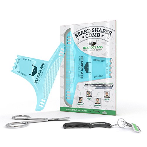 BEARDCLASS Beard Shaping Tool - 8 in 1 Comb Multi-liner Beard Shaper Template Comb Kit Transparent - Works with any Beard Razor Electric Trimmers or Clippers (Clear Blue)