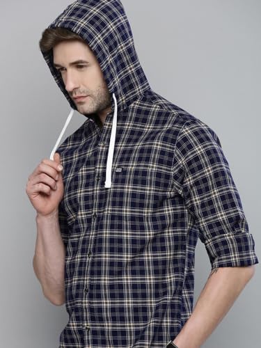 Image of The Indian Garage Co Men Slim Fit Checkered Full Sleeves Hooded Casual Shirt
