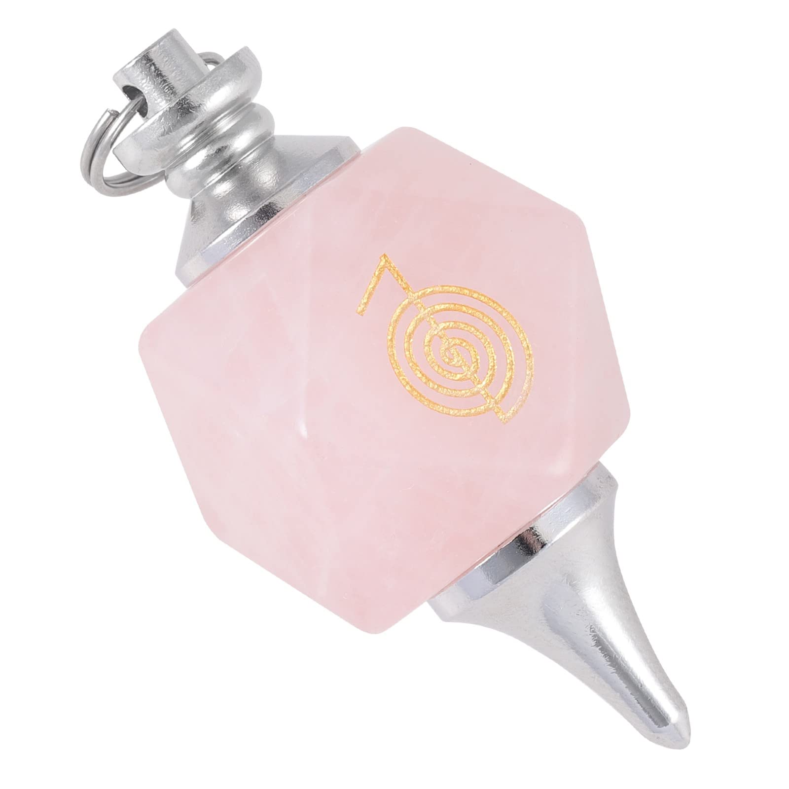 mookaitedecor Péndulo de Cristal Natural con Símbolo Reiki para Radiestesia y Adivinación, Péndulo Poliédrico de Piedra de Cristal Reiki con Cadena para Meditación y Herramienta Wicca, Cuarzo Rosa