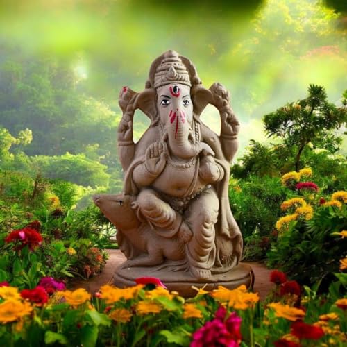 Image of SAUDEEP INDIA 6 Inch Mitti Ganesh Idol | Eco-Friendly Handcrafted Mud /Clay Ganesh Murti | Ganpati Figurine for Visarjan | Biodegradable Mushak Ganesha Statue | Ganesh Chaturthi