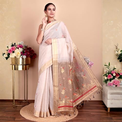 Image of Beige Cotton Saree with Zari Weaving Work and Blouse Piece, Traditional Indian Wear for Women