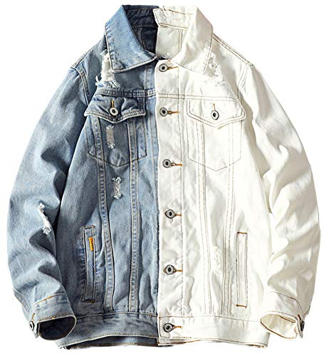 Hotmiss Men's Denim Jacket Patchwork Casual Button Down Trucker Jacket Jean Coat
