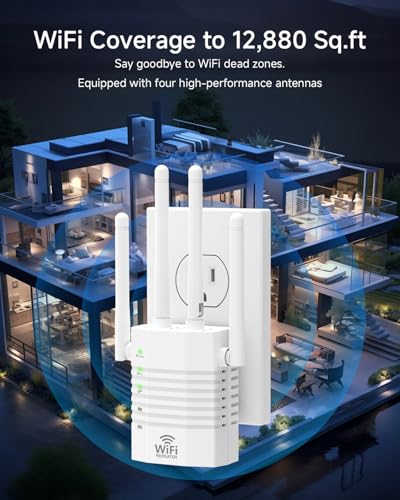 Image of 1-Tap Setup WiFi Extender, Dual Band 5GHz /2.4GHz WiFi Signal Booster, 12880 Sq.Ft WiFi Range Extender, 105 Devices Supported, Ethernet Port & High Speed Signal Amplifier
