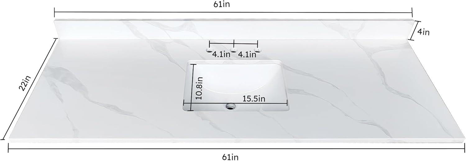 Montary 61-Inch Carrara Quartz Bathroom Vanity Top, 3/4" Thick with Single Undermount Sink & 4" Backsplash, 3 Pre-Drilled Faucet Hole,White Quartz with Veins