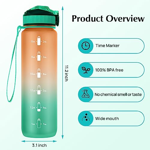 Image of EYQ QuickSpout Water Bottle with Time Marker and Carry Strap, 32 oz, BPA-Free, Non-Toxic, Leak-Proof