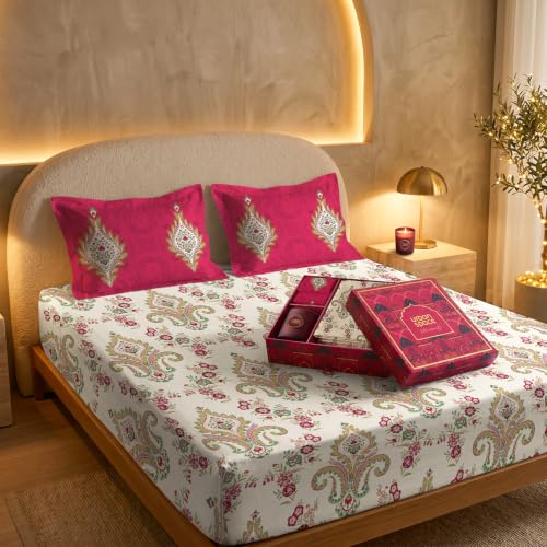 Image of Urban Space Festive Gift Set - 100% Cotton Double Bedsheet with 2 Pillow Covers & Scented Soy Wax Candle, Premium Gift Box, Motif Red, Diwali, Housewarming & Festive Home Decor Gift