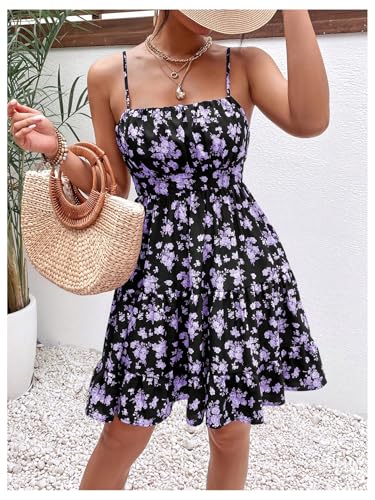 Image of Verdusa Women's Floral Print Dress Cute Summer Mini Dresses Ruched Sleeveless Ruffle Hem A Line Cami Sundress