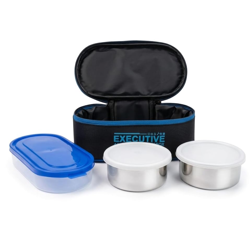 Image of Zaib Stainless Steel Lunch Box for Kids with Insulated Carry Bag | 3 Containers: 2x350ml + 1x400ml Rice Bowl | Durable, Leak-Proof & BPA-Free Tiffin Box for School, Travel & Picnics (Executive 2+1)