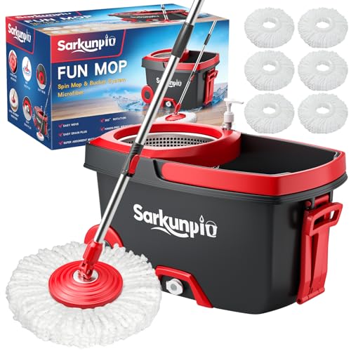 Sarkunpio Mop and Bucket Set with Wringer, Spin Mop Floor Cleaning System with 6 Replacement Microfiber Heads & 61' Extra-Long Handle for Home Floor, Dark Grey