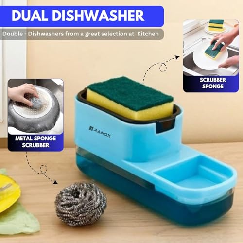 Image of Ranox Soap Dispenser for Kitchen Sink Accessories, Dish Wash Liquid Dispenser Pump 400ml with Sponge Holder, Bathroom Soap Dispensers, Kitchen Sink Organizer (Blue (Dual Dishwasher))