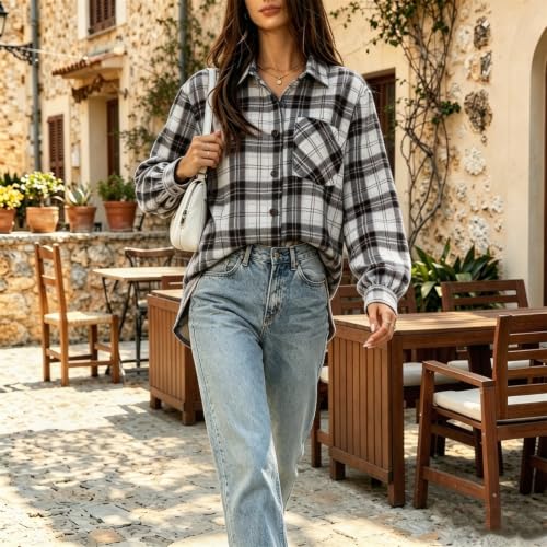 Womens Button Down Blouse Long Sleeve Plaid Stand Collared Tunic Blouses - image 7