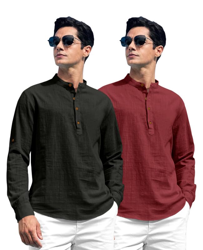 Image of ROYALSCOUT Combo of Men's Solid Cotton Blend Full Sleeve Straight Kurta Shirt (Pack of 2)