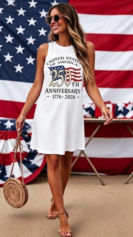 Image of jusgai 250 Anniversary USA Dress for Women American Flag Tank Dresses 4th of July Patriotic Sundress