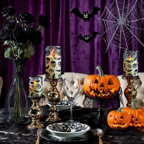 Image of Flickering Flameless Candles Halloween Bat Embedded Star String Lights, Battery Operated Acrylic LED Pillar Candles with 11-Key Remote and Timer for Home Decoration, 3 Pack
