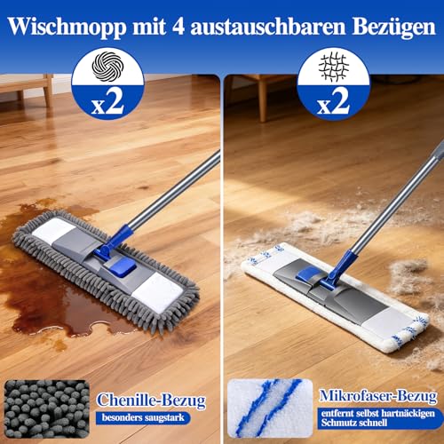 MASTERTOP Bodenwischer Set, Mikrofaser Wischmop Chenille Flachmopp mit Lang Griff, Multifunktionaler...