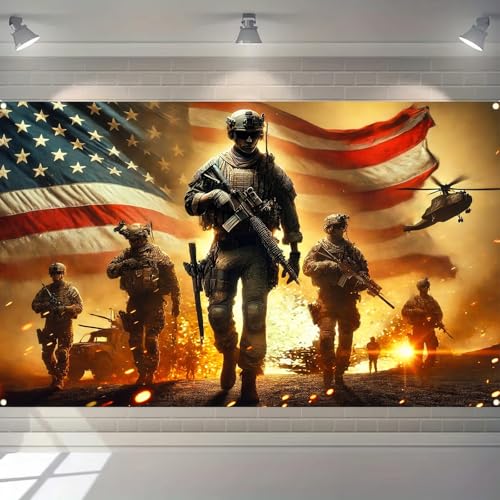 Image of BlissYard 4th of July Banner Patriotic Military Soldier Backdrop 71 x 43 Inches American Flag Fireworks Decorations Banner for Outdoor Yard Party Memorial Day Veterans Day Independence Day Decor