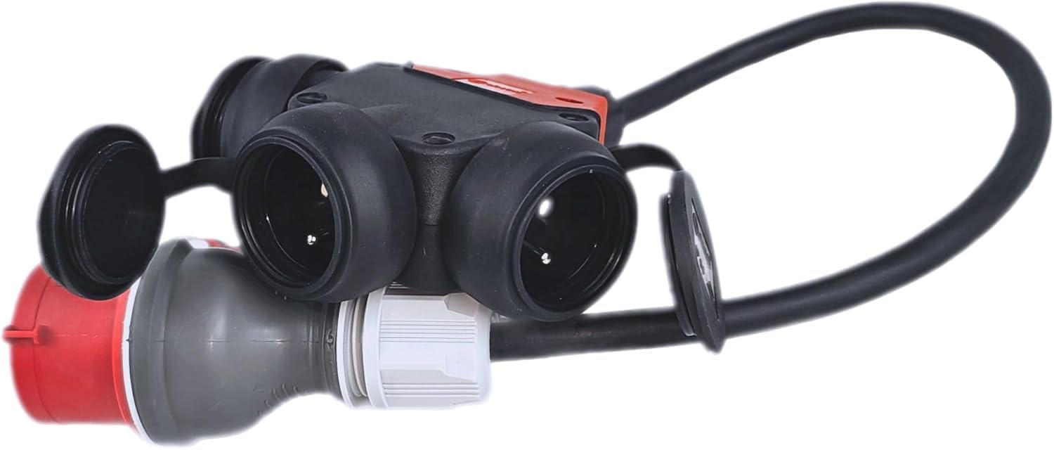 RoadEu - Adaptateur de Chantier Triphasé 16A | Fiche CEE 5P 400V vers 3X Prises 230V | Rallonge Industrielle 0,5 m Câble Caoutchouc | Répartiteur de Phases IP44