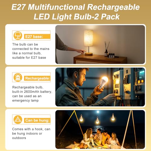 E27 LED Glühbirne 2Stück USB Rechargeable 2600mAh Lampe Warmweiss&Kaltweiss Dimmbar mit Fernbedienung,Timer Lampen E27-Sockel&Wiederaufladbare Dual-Purpose mit Haken für Tischlampe,Pendellampe,Camping – Bild 3