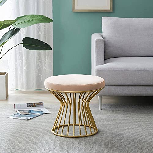 Image of Round Velvet Ottoman Seatting Stool Foot Rest Vanity Dressing Stool with Gold Metal Legs Modern Upholstered Footstool for Living Room Bedroom Home and Office Pink