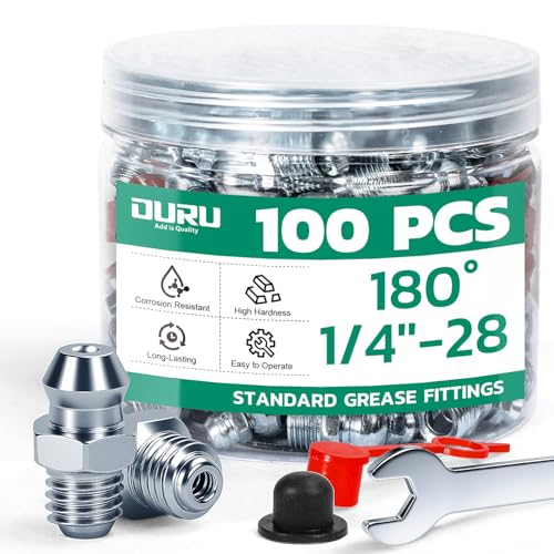 Image of OURU 100PCS 1 /4 inch-28 SAE Grease Fittings Kit, Zerk Grease Fittings Straight with Grease Fitting Caps & Wrench Kit(8mm) for Grease Gun